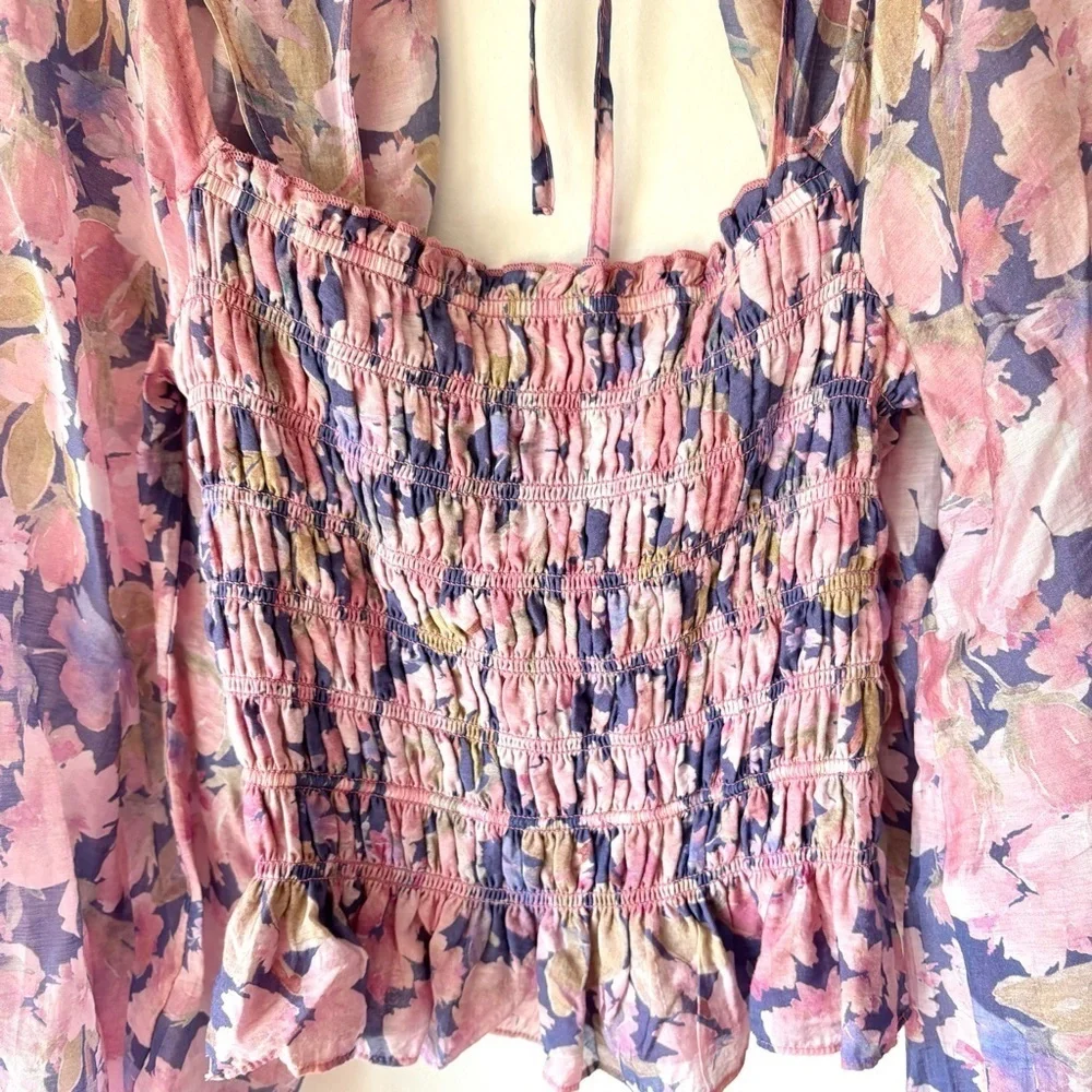 ASTR The Label Nicolette Square Neck Smocked Long Puff Sleeve Floral Pink Purple